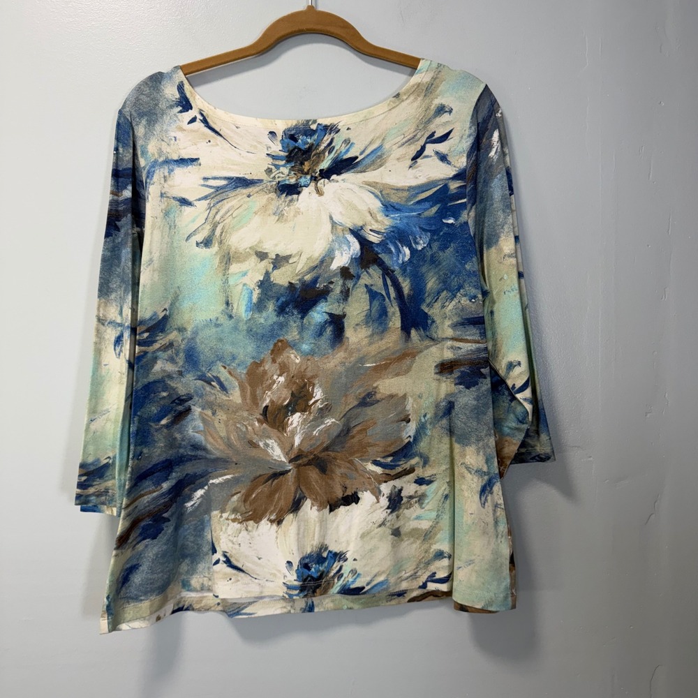 Coldwater Creek Womens XL Blue Floral Abstract Scoop Neck 3/4 Sleeve Top